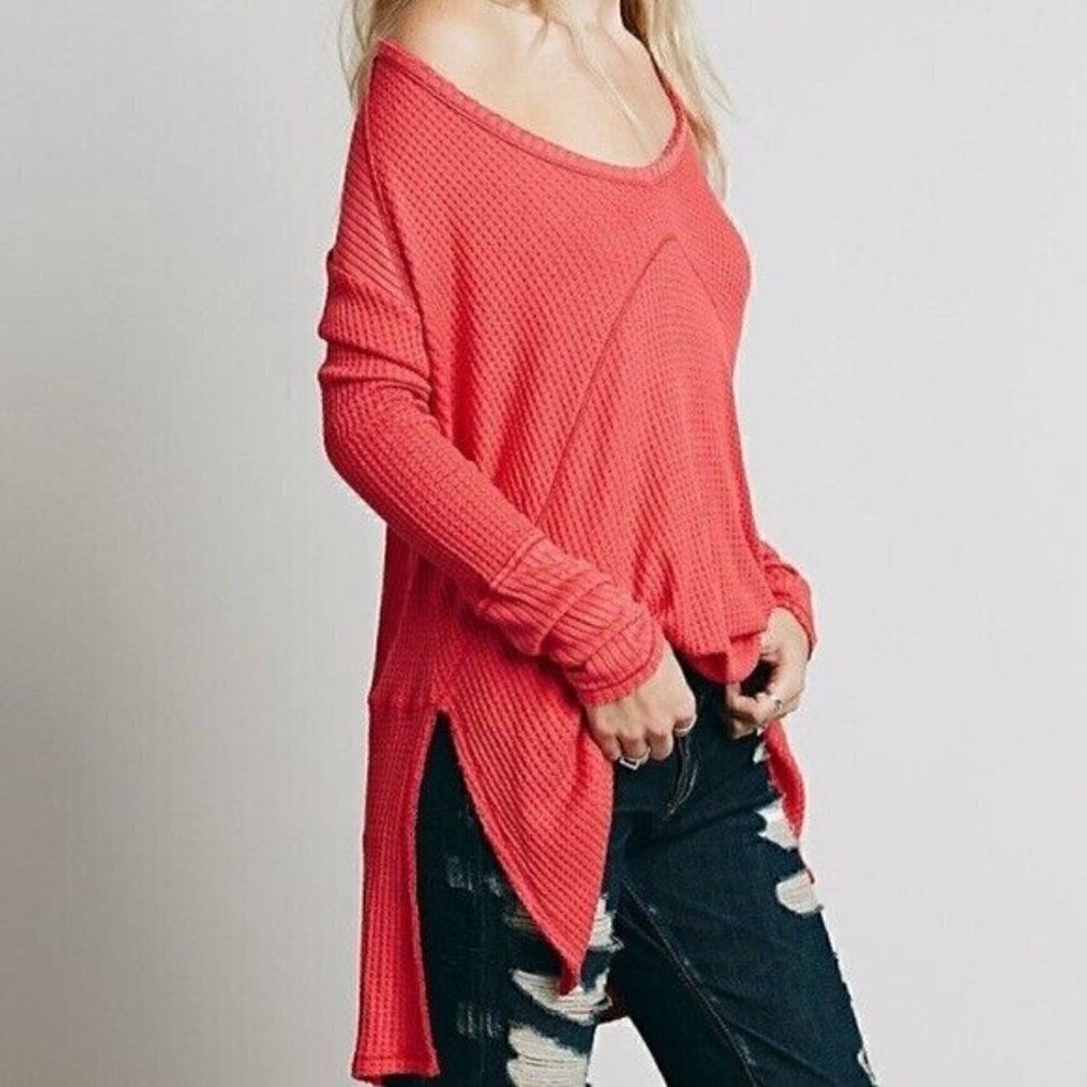 Free People Sunset Park Coral Thermal Waffle Knit V-Neck High Low Long Sleeve - Picture 2 of 8